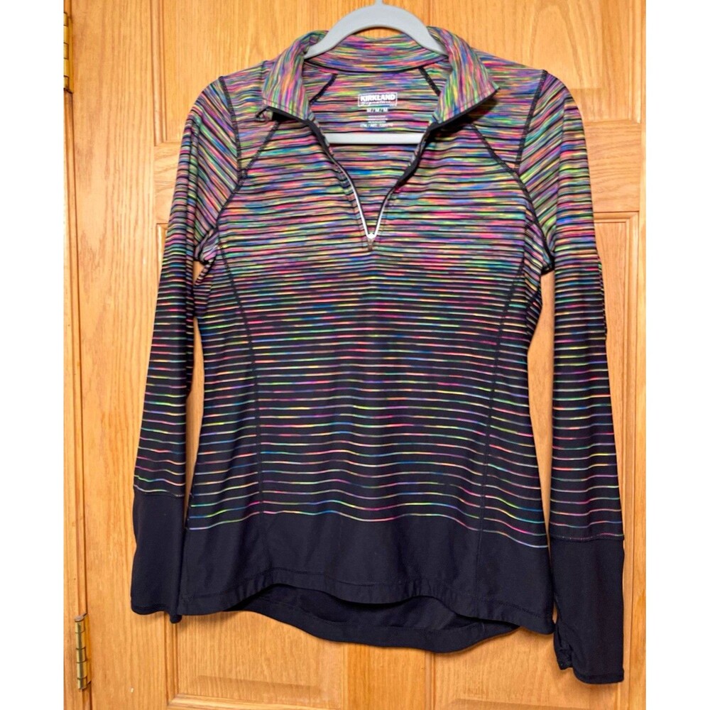 Kirkland Signature Womens Medium Multi Stripe 1/4 Zip Active Pullover Thumbholes